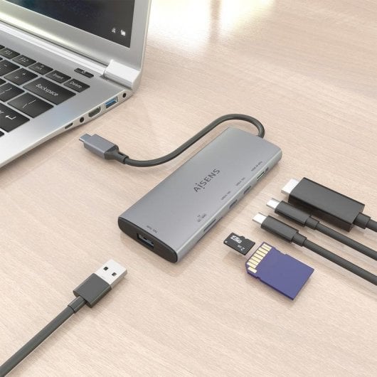 Base para portátil Aisens ASUC-6P029-GR USB-C Dock 6 en 1 aluminio 4K SD MicroSD