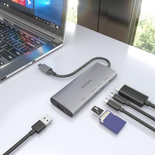 Base para portátil Aisens ASUC-6P029-GR USB-C Dock 6 en 1 aluminio 4K SD MicroSD