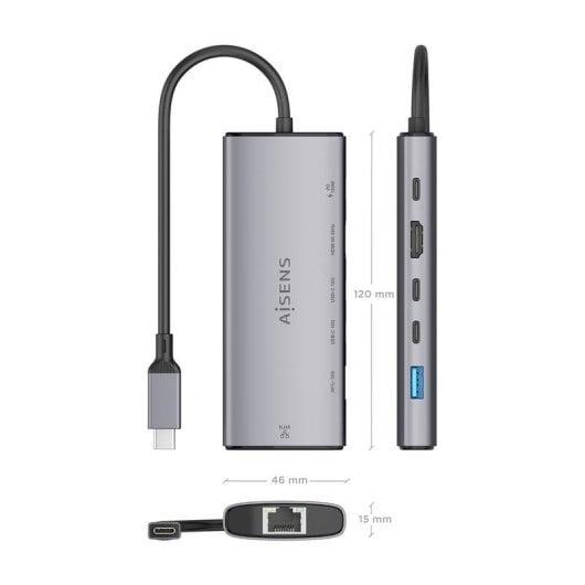 Base para portátil Aisens ASUC-6P030-GR USB-C Dock 6 en 1 aluminio 4K 100W