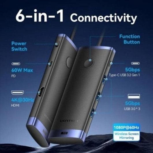 Adaptador inalámbrico Vention TPVBB USB-C HDMI 4K 60W 6 en 1 Negro