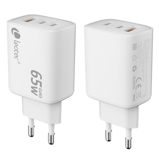 Cargador dispositivos móviles Leotec GaN 65W Ultra Slim 2x USB-C PD 1x USB-A Blanco