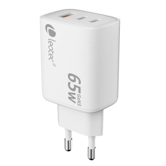 Cargador dispositivos móviles Leotec GaN 65W Ultra Slim 2x USB-C PD 1x USB-A Blanco