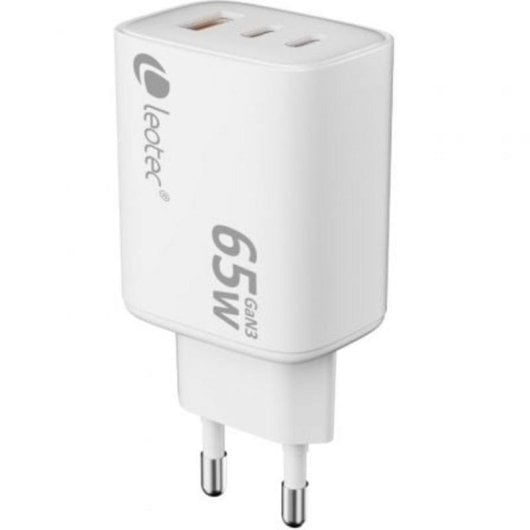 Cargador dispositivos móviles Leotec GaN 65W Ultra Slim 2x USB-C PD 1x USB-A Blanco