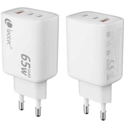 Cargador dispositivos móviles Leotec GaN 65W Ultra Slim 2x USB-C PD 1x USB-A Blanco
