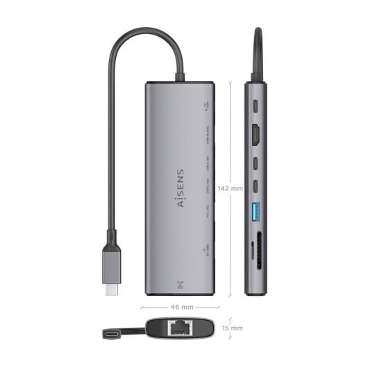 Dock USB-C Aisens ASUC-8P033-GR 8 en 1, HDMI 4K, RJ45, USB-A, USB-C PD 100W, Aluminio