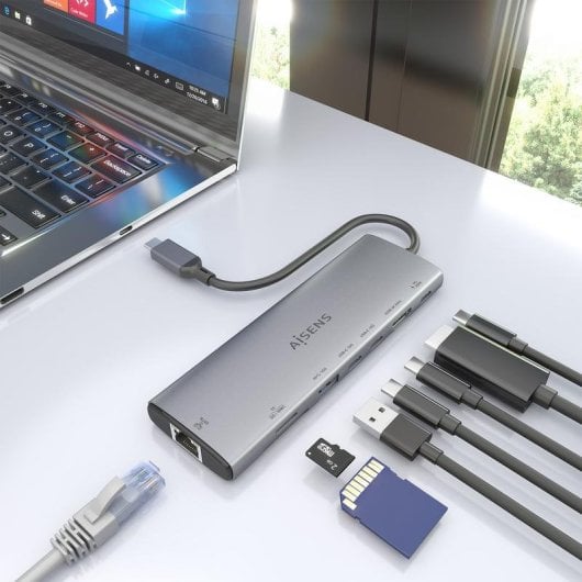 Dock USB-C Aisens ASUC-8P033-GR 8 en 1, HDMI 4K, RJ45, USB-A, USB-C PD 100W, Aluminio