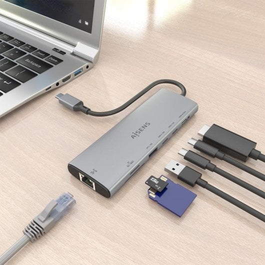 Dock USB-C Aisens ASUC-7P032-GR 7 en 1 HDMI 4K RJ45 USB-A y C Lector SD Gris