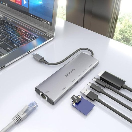 Dock USB-C Aisens ASUC-7P032-GR 7 en 1 HDMI 4K RJ45 USB-A y C Lector SD Gris