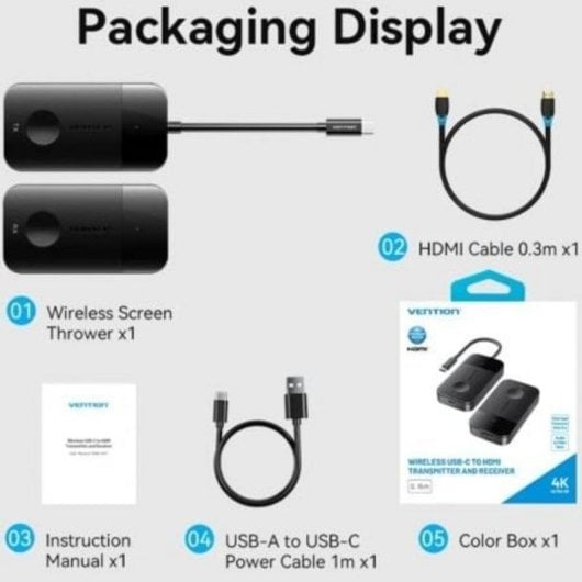 Adaptador de vídeo inalámbrico Vention ADOBB USB-C HDMI 4K 60W Negro