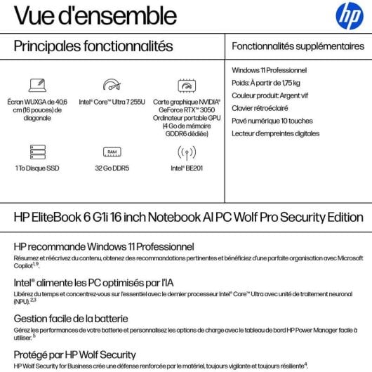Portable HP EliteBook 6 G1i 16 pouces Intel Core Ultra 7 255U 32GB 1TB SSD AI WUXGA Sécurité Pro