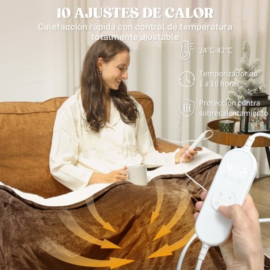 Homcom Manta Eléctrica 180x130 Cm 10 Niveles De Temperatura Marrón