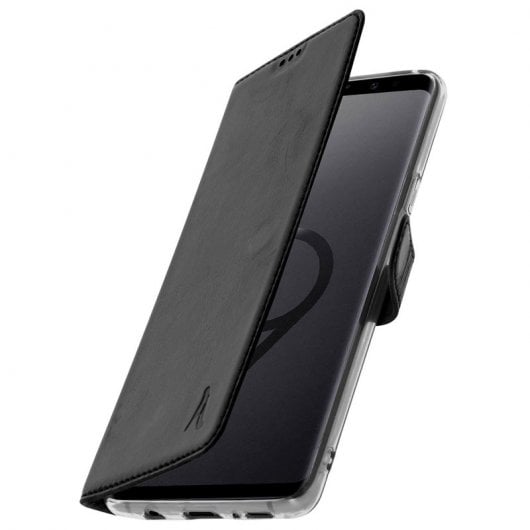 Akashi Funda Cartera de Piel Auténtica Negra para Samsung Galaxy S9 Plus