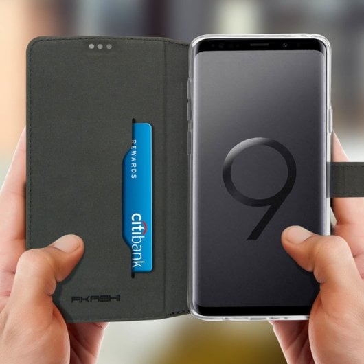 Akashi Funda Cartera de Piel Auténtica Negra para Samsung Galaxy S9 Plus