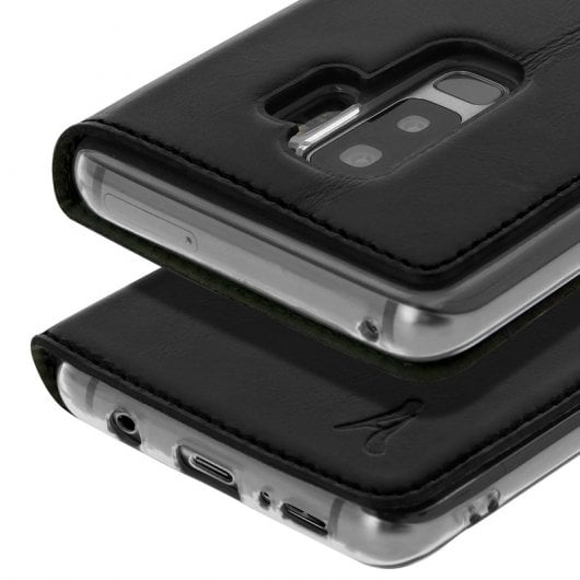 Akashi Funda Cartera de Piel Auténtica Negra para Samsung Galaxy S9 Plus