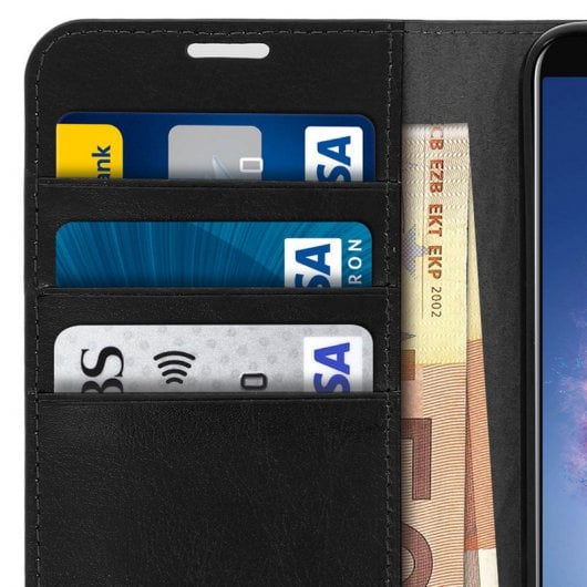 Avizar Capa Livro com Carteira em Couro Preto para Huawei P Smart