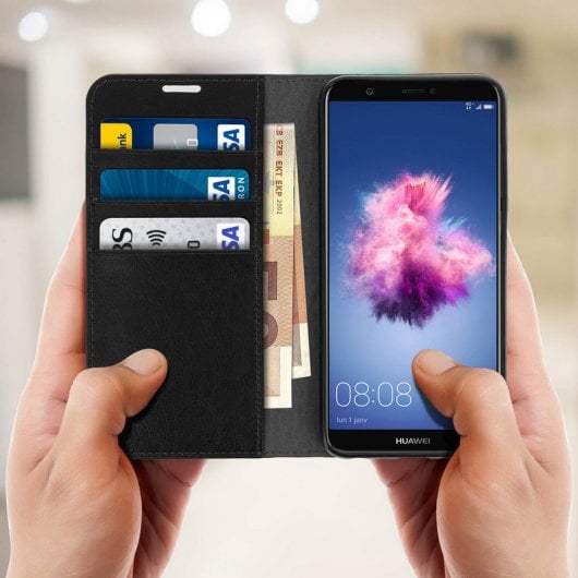Avizar Capa Livro com Carteira em Couro Preto para Huawei P Smart