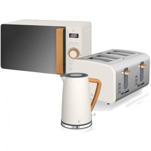 Swan Nordic Set Desayuno Microondas 20L + Hervidor de Agua + Tostadora 4 Rebanadas Blanco