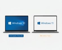 Dos portátiles sobre fondo blanco: a la izquierda “Windows 10”, a la derecha “Windows 11”. Aviso inferior: “Fin de soporte: 14 Oct 2025”.