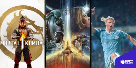Collage con imágenes de Mortal Kombat 1, Starfield y EA Sports FC24