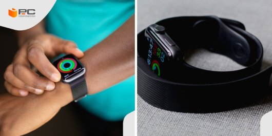 Collage con dos imágenes de un reloj inteligente y una pulsera de actividad