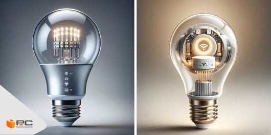 varias bombillas inteligentes encendidas con muchos colores