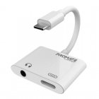 Promate AUXCharge-C Adaptador de Audio/Cargador USB-C a Jack 3.5mm/USB-C Blanco