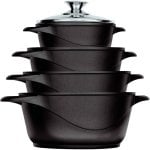 Briebe MGK-12 Batería de Cocina 8 Piezas Aluminio Fundido 4 Ollas 16/20/24/28cm + Tapas de Vidrio