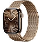 Goldfarbenes 42-mm-Titangehäuse der Apple Watch Series 10 GPS + Cellular mit goldener Milanese-Schlaufe Goldfarbenes 42-mm-Titangehäuse der Apple Watch Series 10 GPS + Cellular mit goldener Milanese-Schlaufe