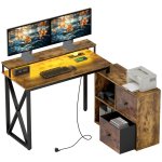 Homcom Escritorio Esquinero Con Luces LED Estación de Carga Marrón Rústico