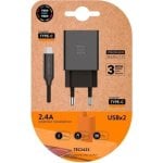 Chargeur mural TECH ONE TECH TEC2423 2xUSB 2,4A avec câble USB Type-C Noir Chargeur mural TECH ONE TECH TEC2423 2xUSB 2,4A avec câble USB Type-C Noir