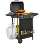 Outsunny Barbacoa De Gas Con 3+1 Quemadores 9,5 Kw Termómetro Mesa Lateral Negro