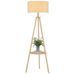 Homcom Candeeiro De Pé Tripé Com Prateleira Estrutura De Madeira e Ecrã Cinzento