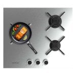 Placa de Gas 3 Fuegos 6,2kW Acero Inoxidable con Parrillas Hierro Fundido y Quemador WOK Triple Corona