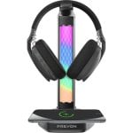 Soporte para auriculares gaming con RGB, cargador inalámbrico, hub USB (2x USB-A, 2x USB-C), aluminio