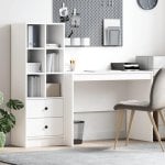 Escritorio compacto Monstera blanco mate con estantería modular, 2 cajones y 6 compartimentos