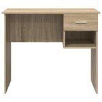 Escritorio Fang blanco compacto, tablero resistente, 1 cajón y estantería lateral