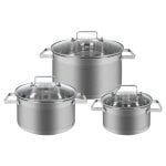 Batería de cocina inoxidable 6 piezas con tapas de vidrio, 16/20/24 cm, apta inducción y horno Batería de cocina inoxidable 6 piezas con tapas de vidrio, 16/20/24 cm, apta inducción y horno