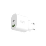 Caricabatterie da parete Ksix da 20 W, Power Delivery, ricarica rapida, GAN, USB-C + USB-A, bianco