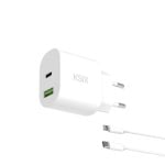 Caricabatterie di rete Ksix da 20 W, Power Delivery, ricarica rapida, Gan, USB-C + USB-A, cavo da USB-C a Lightning da 1 m, bianco