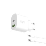Caricabatterie di rete Ksix da 20 W, Power Delivery, ricarica rapida, Gan, USB-C + USB-A, cavo da USB-C a USB-C da 1 m, bianco