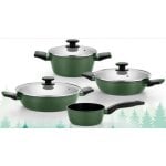 Batería de cocina Monix Forest 4 piezas acero inoxidable verde y cristal con tapa ergonómica