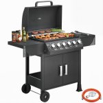 Outsunny Barbacoa De Gas Con 6 Quemadores 15 Kw Termómetro Y Mesas Laterales