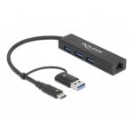 Hub Delock 3 Ports USB 3.2 Gen 1 Gigabit Ethernet kompakt tragbar