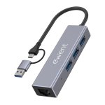 Hub Ewent 3 Ports 5 Gbps USB 3.2 Gen 1 Gigabit Ethernet EW1159 Aluminium