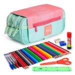 Estuche escolar triple Grafoplás Kuru con material escolar incluido rosa