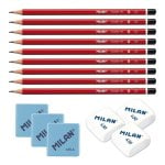 Kit di Matite Grafito Esagonali HB Milan 9 Pezzi + Gomme e Affilamatite