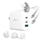 Cargador j5create de 3 puertos GaN 65 W con enchufes intercambiables y cable USB-C