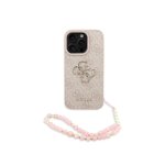 Funda para móvel Guess Polipiel Rosa com Logo 4G Clássico e Correia de Pérolas para iPhone 16 Pro
