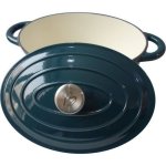 Baumalu Cocotte De Hierro Fundido Esmaltado Ovalada 30 Cm Azul Verdoso, Interior Liso Color Crema, Asas Integradas Y Tapa Esmaltada Incluida, Apta Para Inducción Y Horno Tradicional