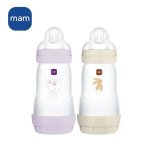 Mam Easy Start Anticólico Biberón Cuello Ancho 260 Ml Pack 2 Lilac Y Sand, Tetina Silicona Flow 2, Base Aireada, Sin Bpa, Apto Microvapor Esterilizable